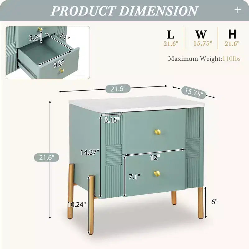 Table de chevet moderne minimaliste avec 2 tiroirs, poignées et pieds en métal doré, design texturé