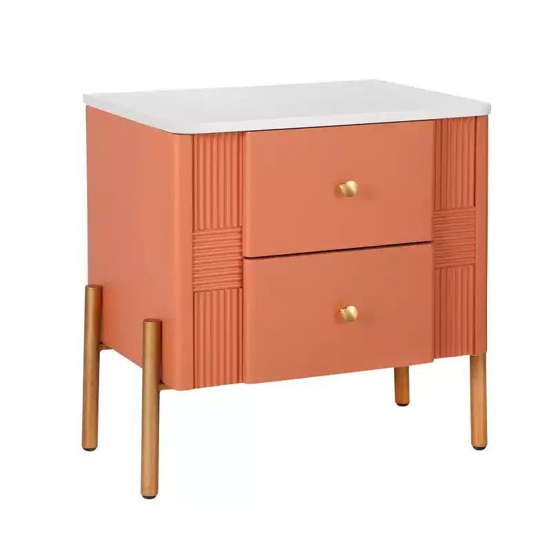 Table de chevet moderne minimaliste avec 2 tiroirs, poignées et pieds en métal doré, design texturé