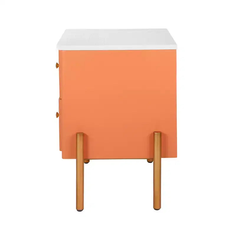 Table de chevet moderne minimaliste avec 2 tiroirs, poignées et pieds en métal doré, design texturé