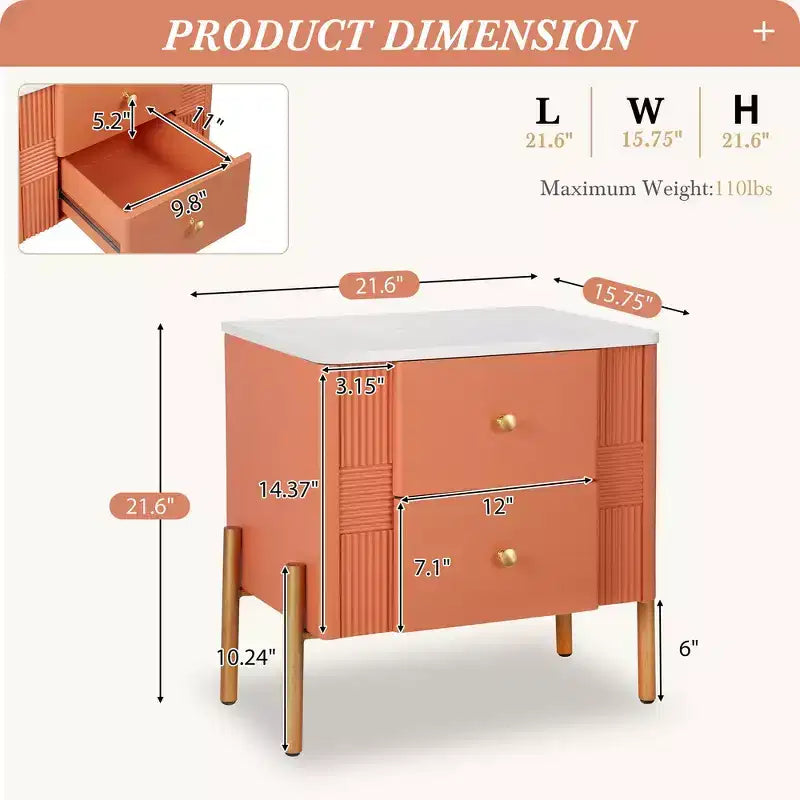 Table de chevet moderne minimaliste avec 2 tiroirs, poignées et pieds en métal doré, design texturé