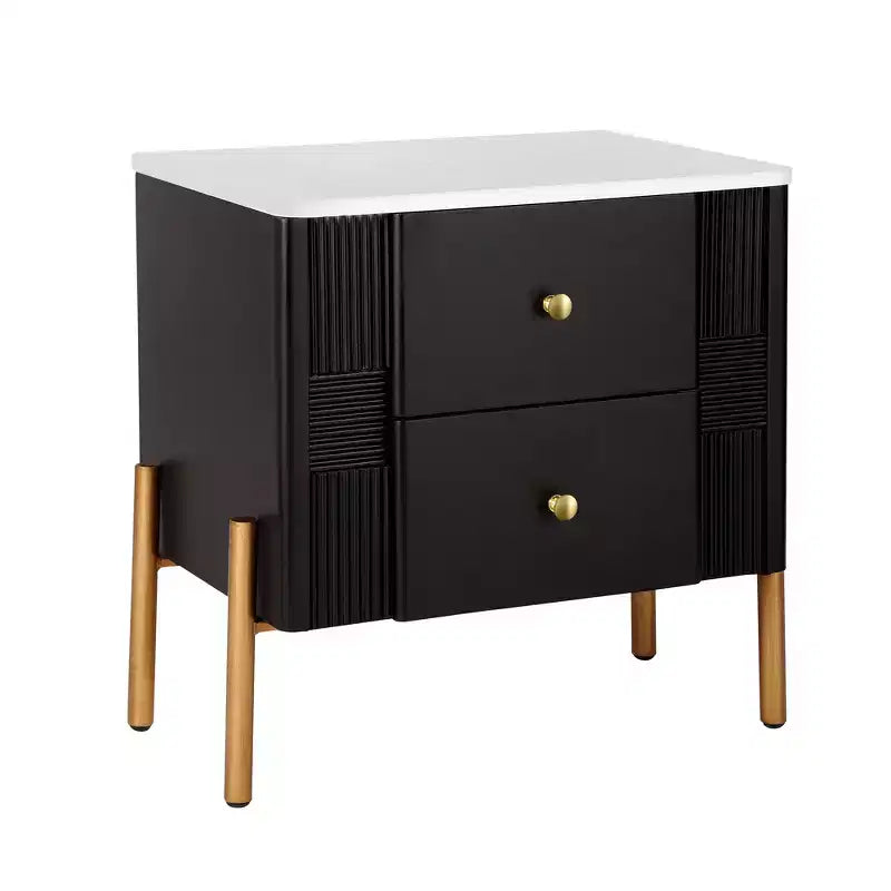 Table de chevet moderne minimaliste avec 2 tiroirs, poignées et pieds en métal doré, design texturé