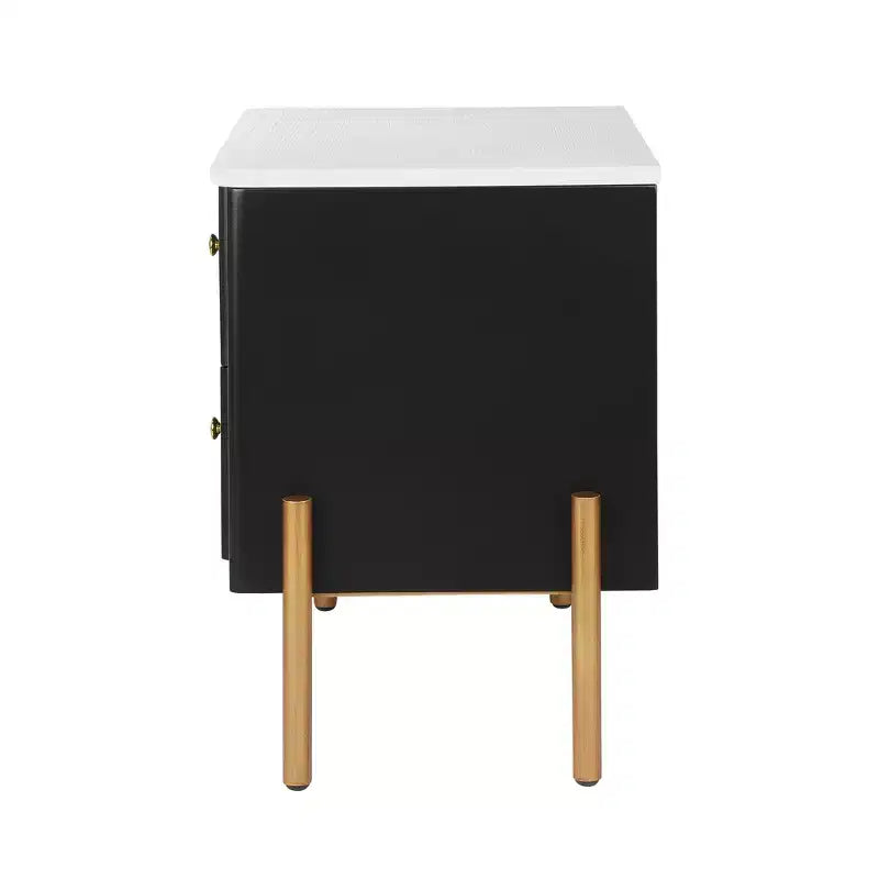 Table de chevet moderne minimaliste avec 2 tiroirs, poignées et pieds en métal doré, design texturé