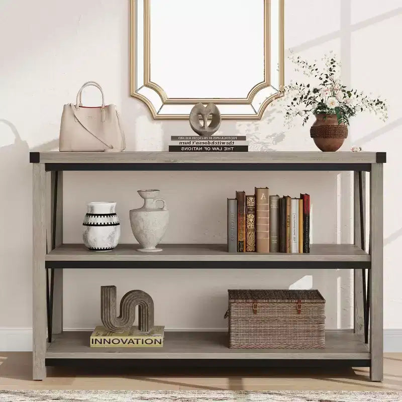 Console d'entrée de ferme, table console en bois à 3 niveaux avec rangement, pour salon, table de couloir, grise