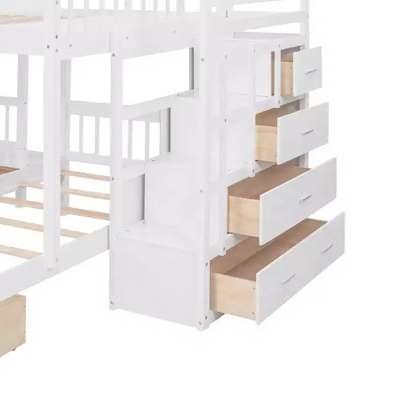 Lit superposé triple, une place et deux places, en bois de pin avec escalier de rangement