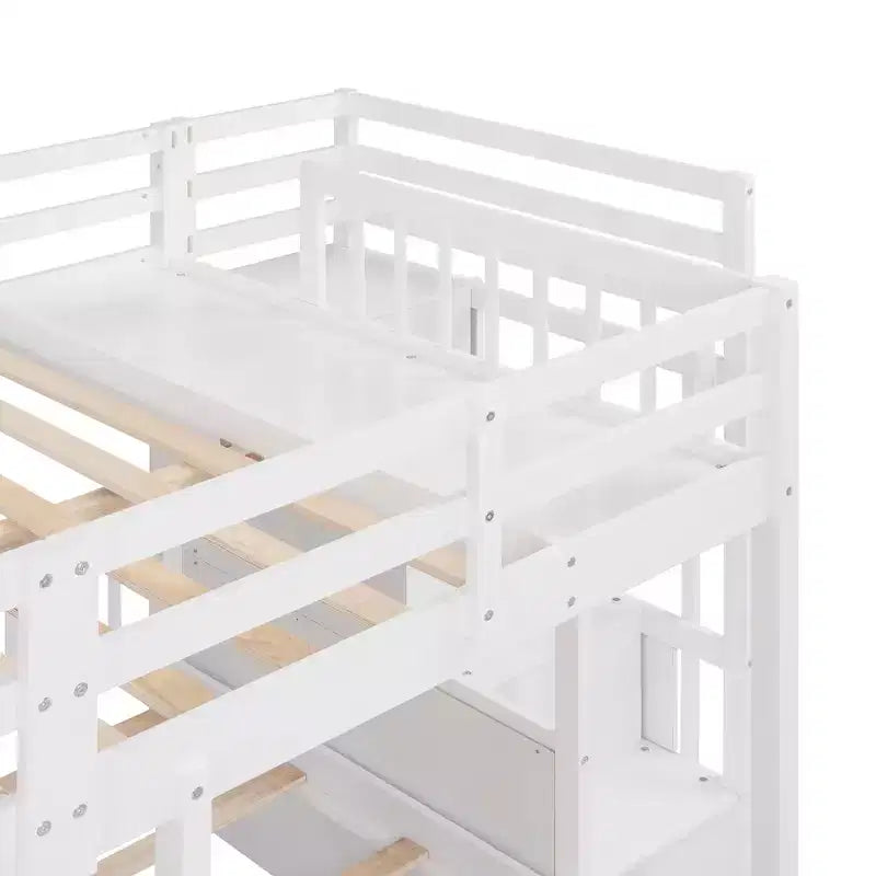 Lit superposé triple, une place et deux places, en bois de pin avec escalier de rangement