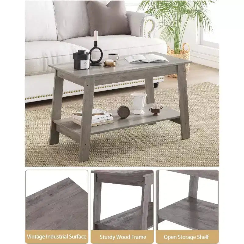 Table basse industrielle moderne avec rangement à 2 niveaux, table rectangulaire compacte en MDF et panneaux de particules pour salon et bureau