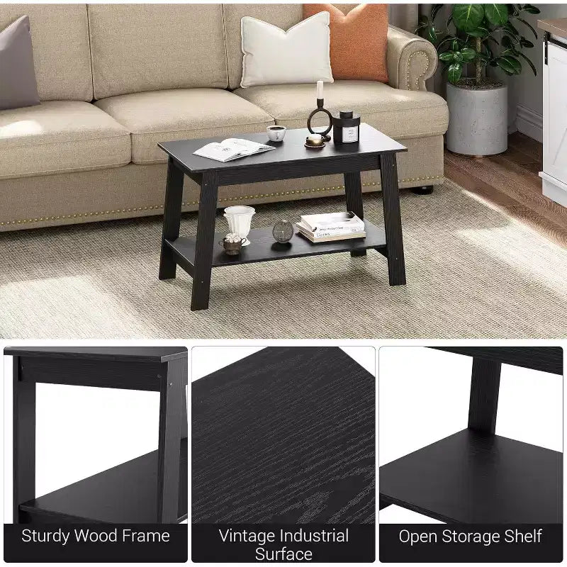 Table basse industrielle moderne avec rangement à 2 niveaux, table rectangulaire compacte en MDF et panneaux de particules pour salon et bureau