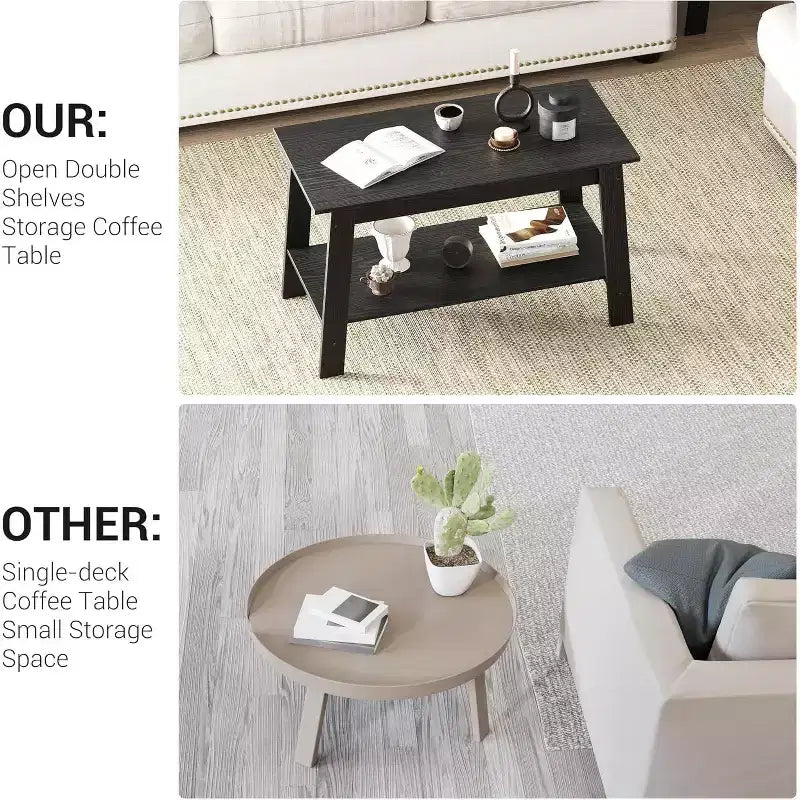 Table basse industrielle moderne avec rangement à 2 niveaux, table rectangulaire compacte en MDF et panneaux de particules pour salon et bureau
