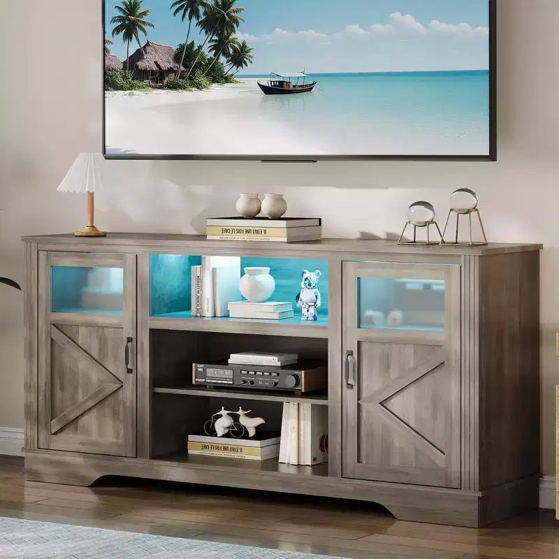 Meuble TV/console rustique pour téléviseur jusqu'à 65 pouces, haut, avec rangement et lumière LED