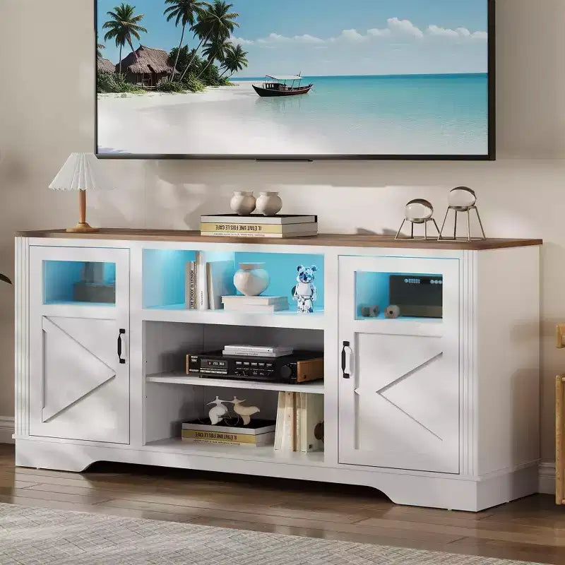 Meuble TV/console rustique pour téléviseur jusqu'à 65 pouces, haut, avec rangement et lumière LED