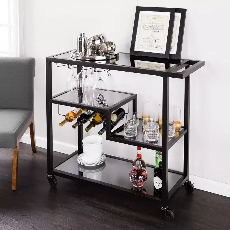 Desserte de bar en fer noir et miroir fumé avec porte-bouteilles et porte-verres
