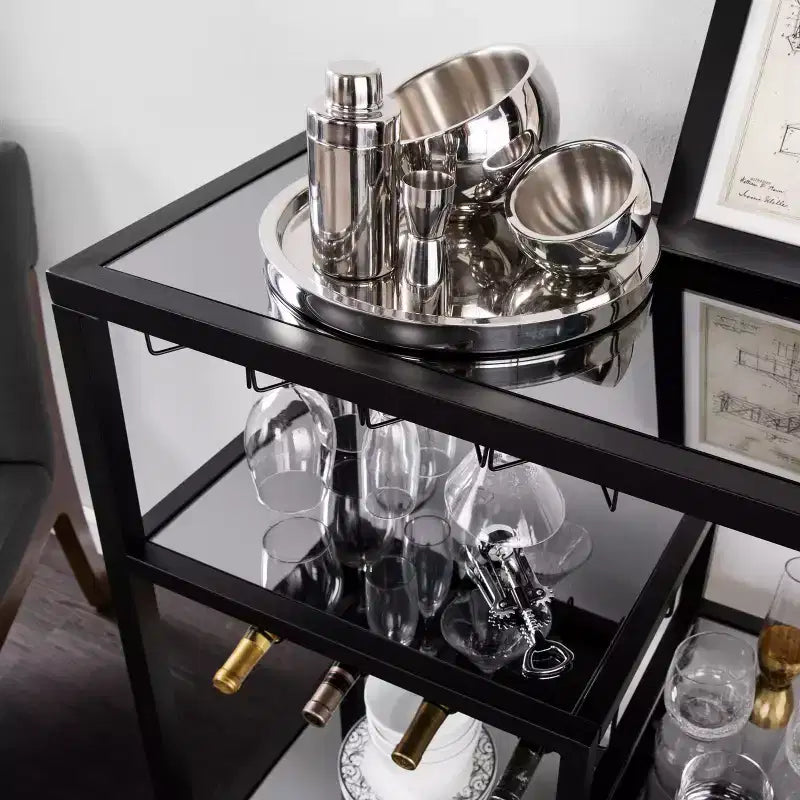 Desserte de bar en fer noir et miroir fumé avec porte-bouteilles et porte-verres