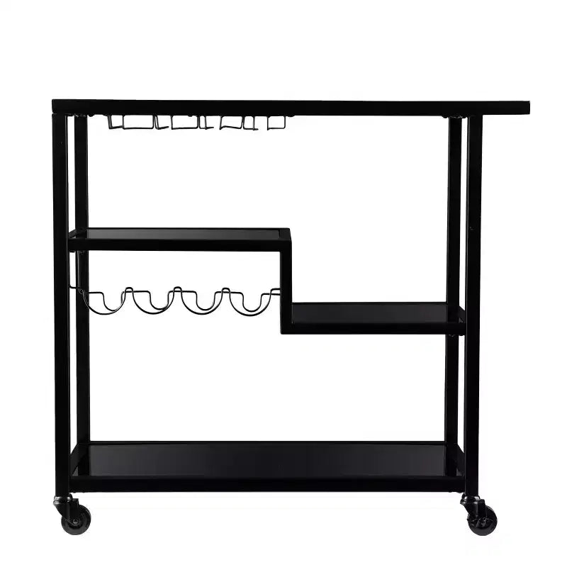 Desserte de bar en fer noir et miroir fumé avec porte-bouteilles et porte-verres