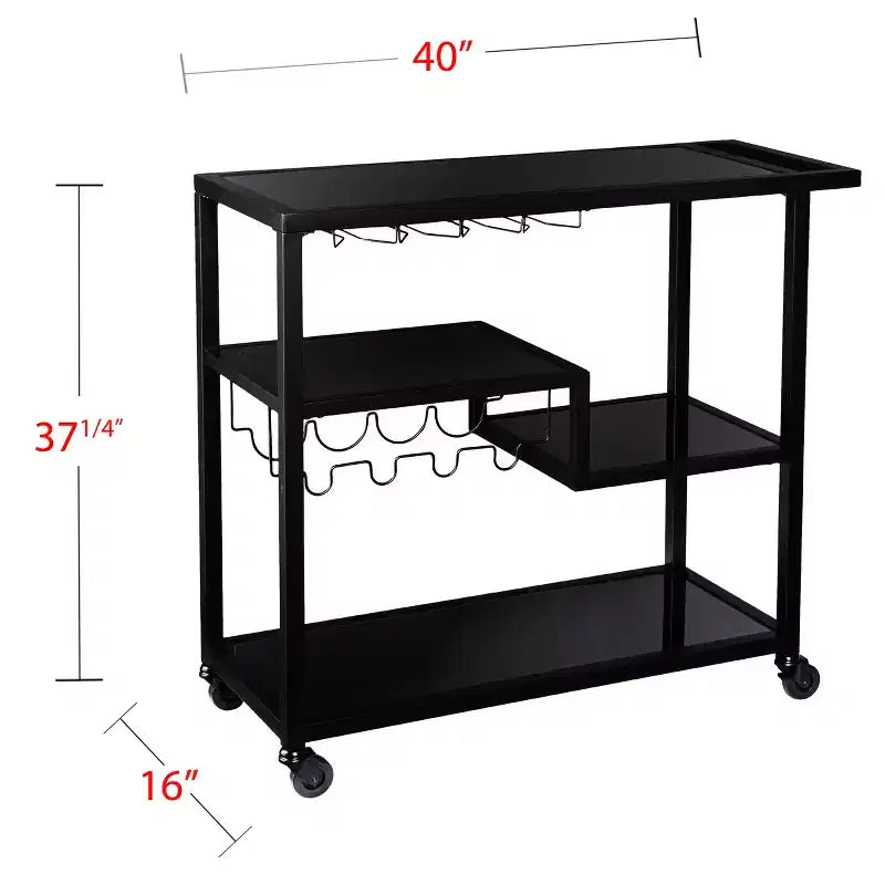 Desserte de bar en fer noir et miroir fumé avec porte-bouteilles et porte-verres