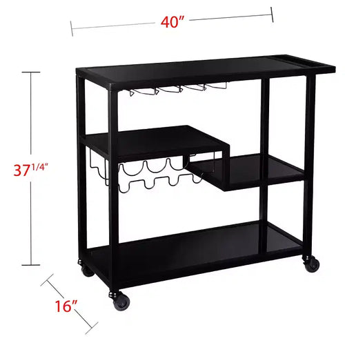 Desserte de bar en fer noir et miroir fumé avec porte-bouteilles et porte-verres