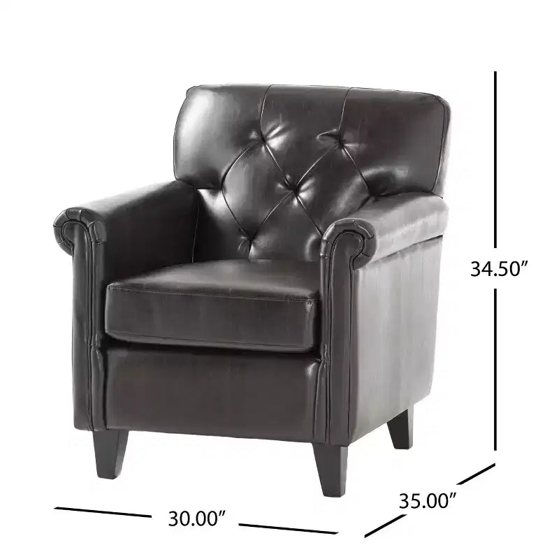 Fauteuil club capitonné en cuir reconstitué contemporain avec accoudoirs roulés
