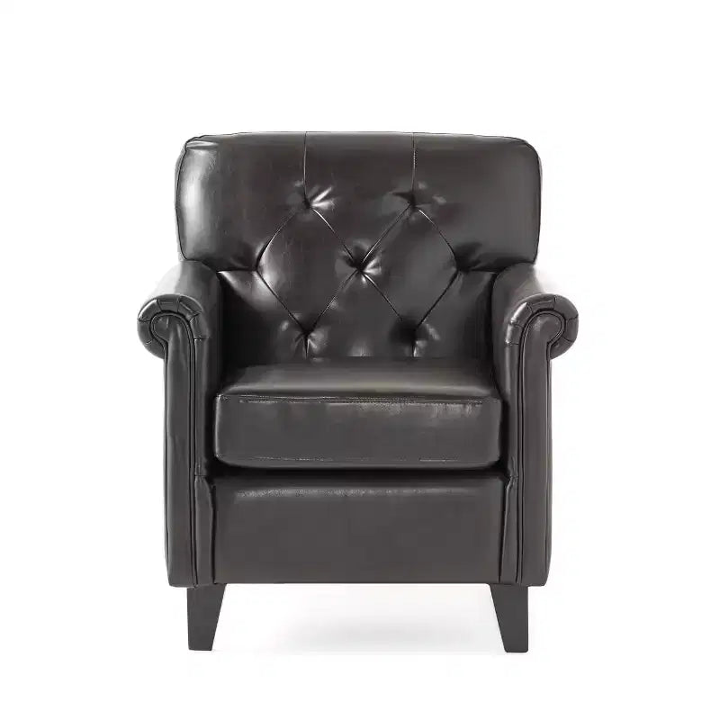 Fauteuil club capitonné en cuir reconstitué contemporain avec accoudoirs roulés
