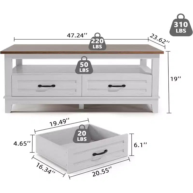 Table basse de ferme avec tiroirs et étagère ouverte, finition grain de bois de noyer rustique, table centrale robuste à 6 pieds pour salon