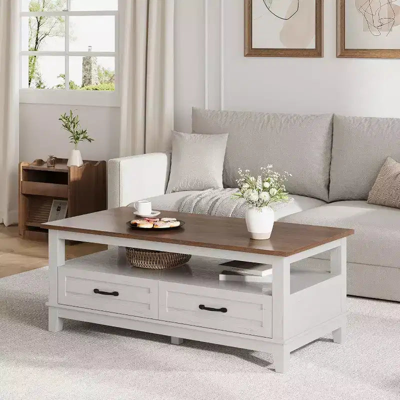 Table basse de ferme avec tiroirs et étagère ouverte, finition grain de bois de noyer rustique, table centrale robuste à 6 pieds pour salon