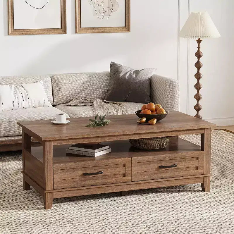 Table basse de ferme avec tiroirs et étagère ouverte, finition grain de bois de noyer rustique, table centrale robuste à 6 pieds pour salon