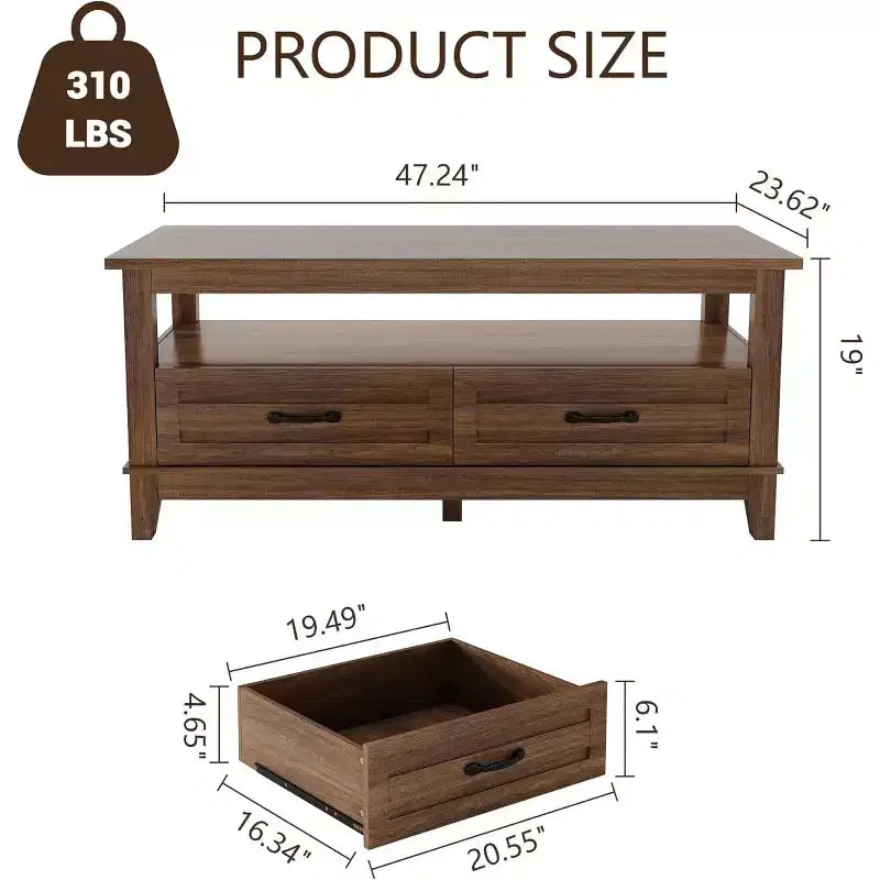 Table basse de ferme avec tiroirs et étagère ouverte, finition grain de bois de noyer rustique, table centrale robuste à 6 pieds pour salon