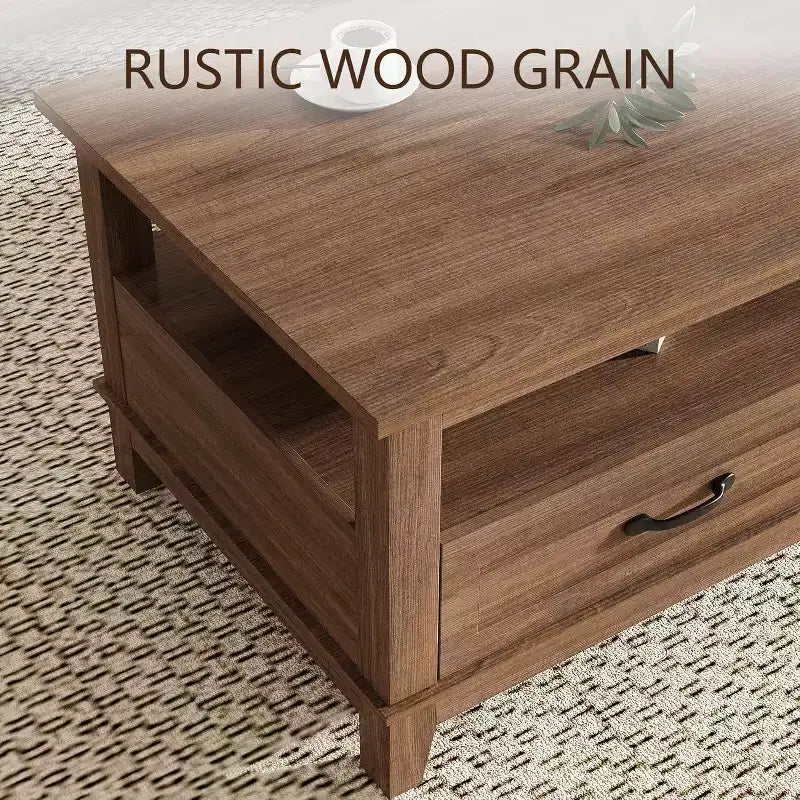 Table basse de ferme avec tiroirs et étagère ouverte, finition grain de bois de noyer rustique, table centrale robuste à 6 pieds pour salon