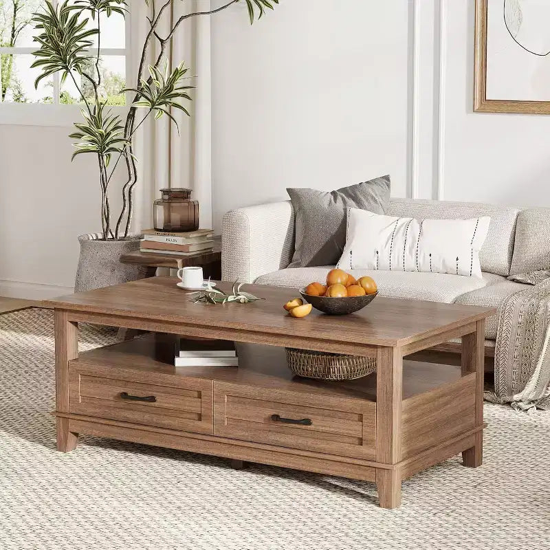 Table basse de ferme avec tiroirs et étagère ouverte, finition grain de bois de noyer rustique, table centrale robuste à 6 pieds pour salon