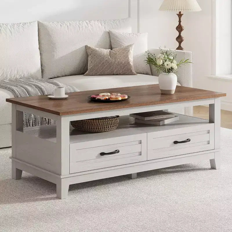 Table basse de ferme avec tiroirs et étagère ouverte, finition grain de bois de noyer rustique, table centrale robuste à 6 pieds pour salon