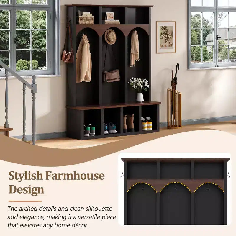 Porte-manteau en bois style ferme avec 6 crochets, banc de rangement noyer, étagères réglables et 13 casiers