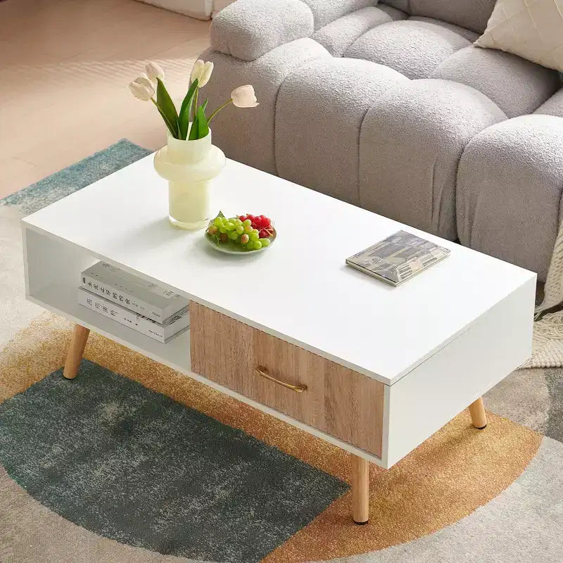 Table basse rectangulaire blanche avec tiroir coulissant, 104 cm L