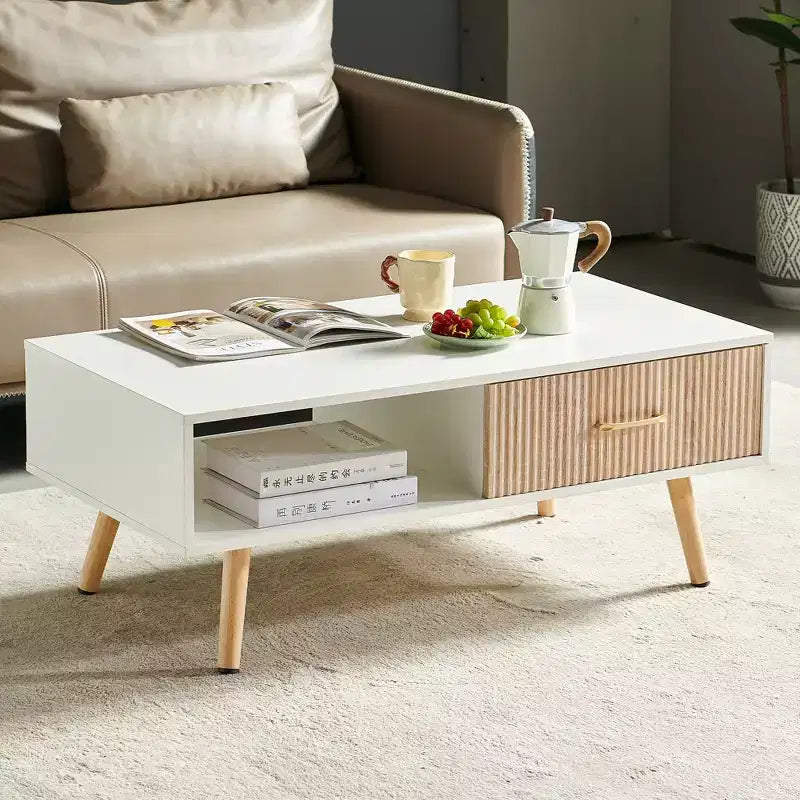 Table basse rectangulaire blanche avec tiroir coulissant, 104 cm L