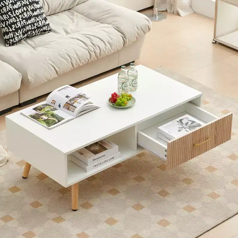 Table basse rectangulaire blanche avec tiroir coulissant, 104 cm L