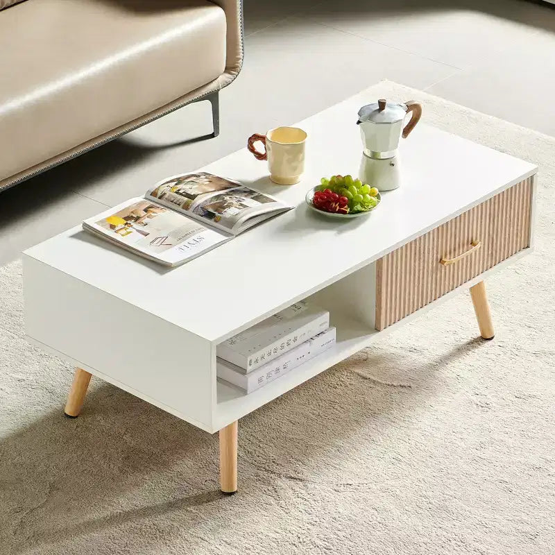 Table basse rectangulaire blanche avec tiroir coulissant, 104 cm L
