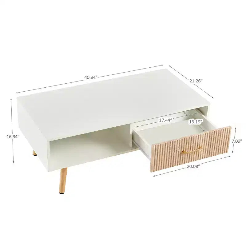 Table basse rectangulaire blanche avec tiroir coulissant, 104 cm L