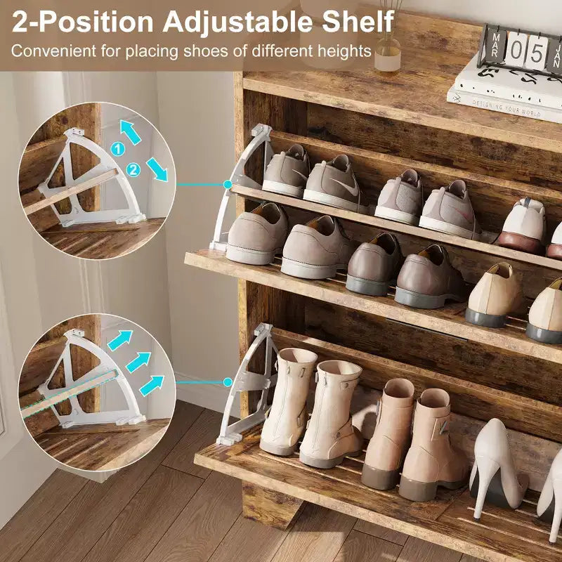 Meuble de rangement à chaussures mince avec 2 tiroirs basculants et crochets, Organisateur autoportant pour l'entrée, le couloir, le garage