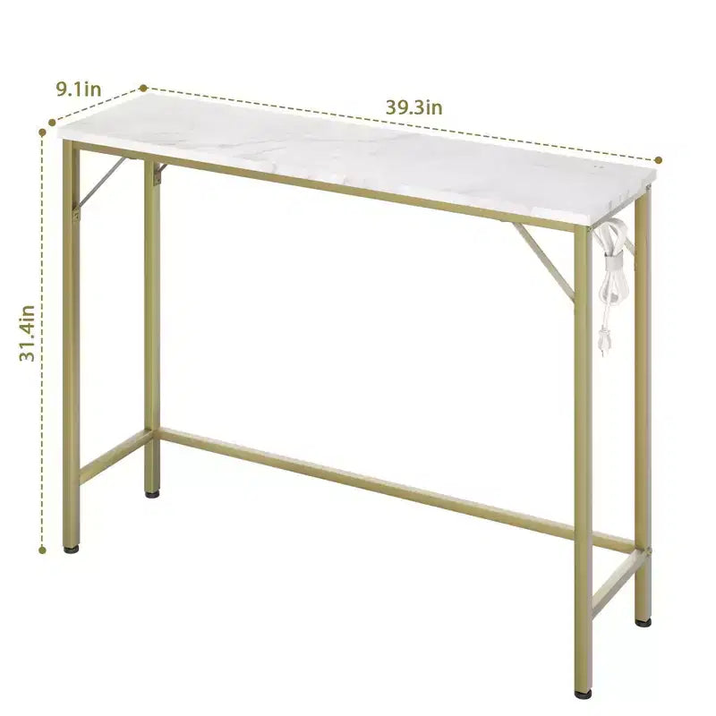 Console étroite avec prises, Table de canapé dorée pour salon et entrée