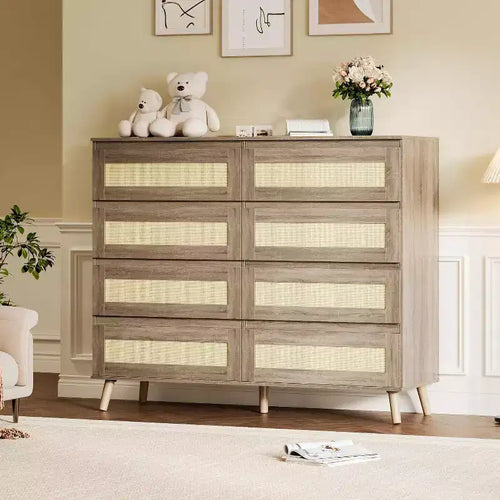 Commode en rotin à 8 tiroirs, armoire de rangement en bois finition naturelle
