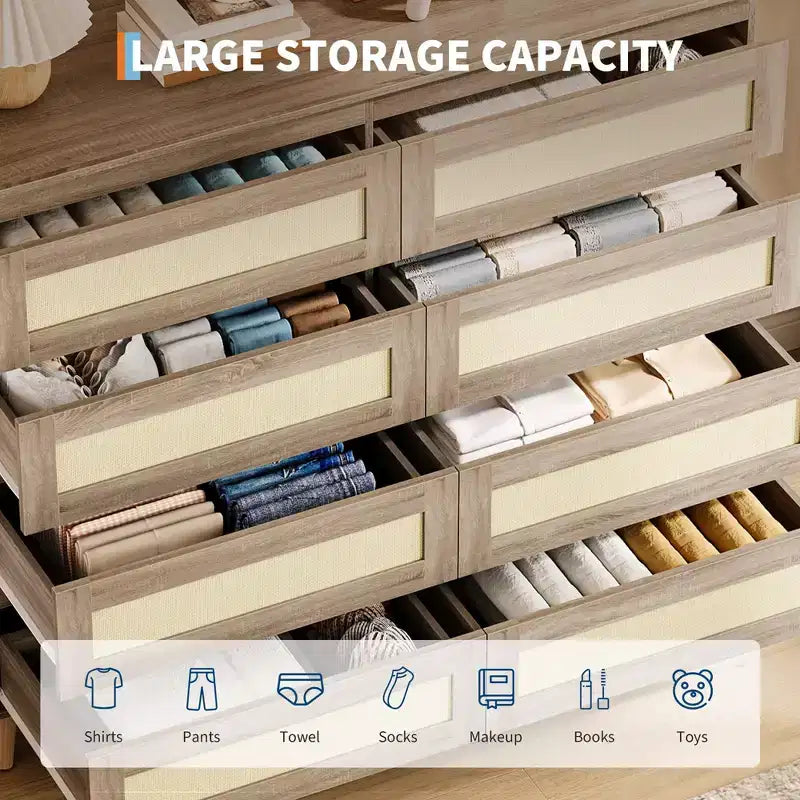 Commode en rotin à 8 tiroirs, armoire de rangement en bois finition naturelle