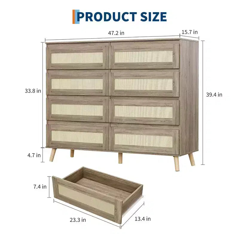 Commode en rotin à 8 tiroirs, armoire de rangement en bois finition naturelle