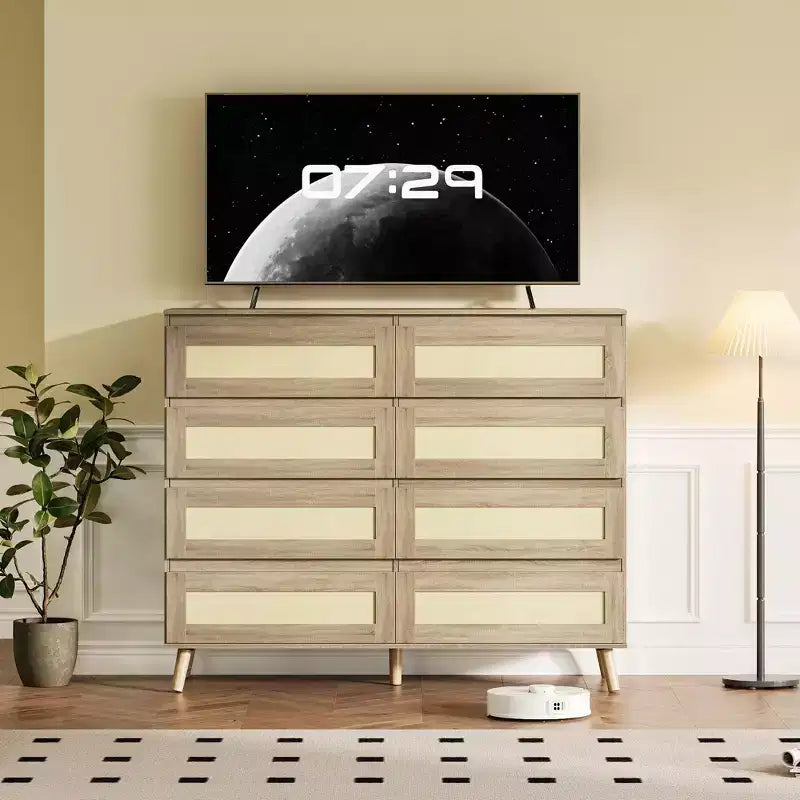 Commode en rotin à 8 tiroirs, armoire de rangement en bois finition naturelle