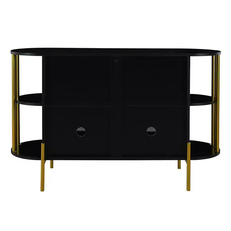 Buffet 2 portes incurvé avec bordure dorée et portes en rotin tressé, noir