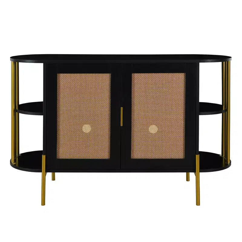 Buffet 2 portes incurvé avec bordure dorée et portes en rotin tressé, noir