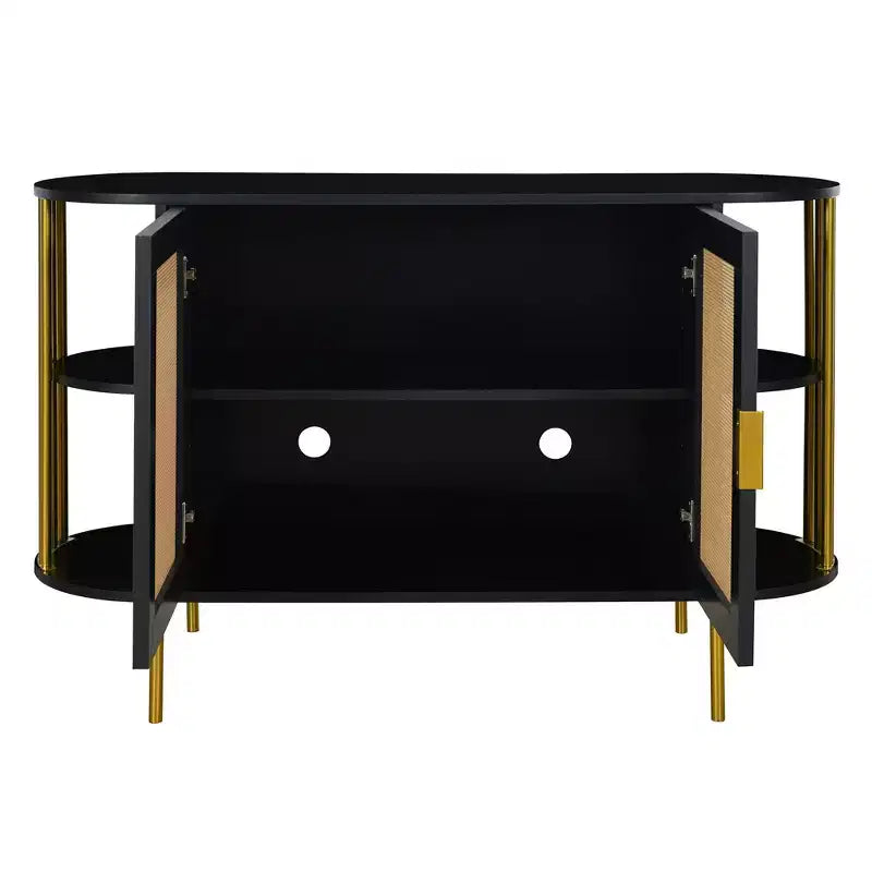 Buffet 2 portes incurvé avec bordure dorée et portes en rotin tressé, noir
