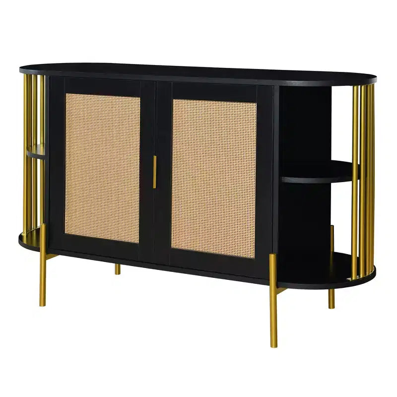 Buffet 2 portes incurvé avec bordure dorée et portes en rotin tressé, noir