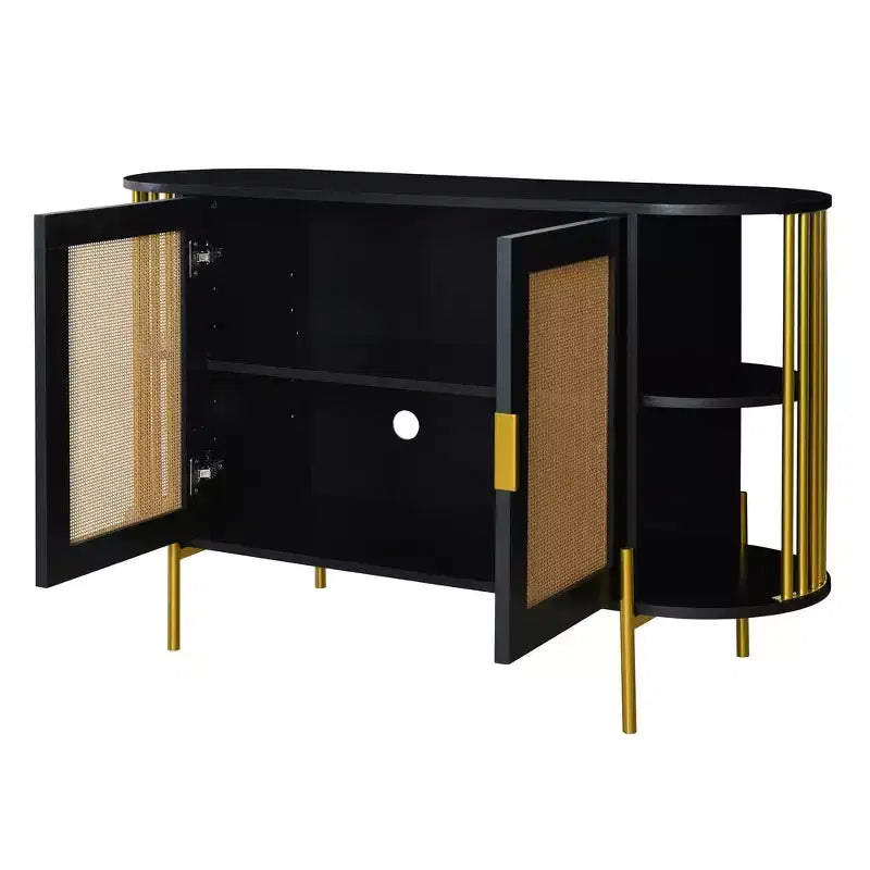 Buffet 2 portes incurvé avec bordure dorée et portes en rotin tressé, noir