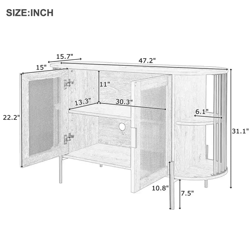 Buffet 2 portes incurvé avec bordure dorée et portes en rotin tressé, noir