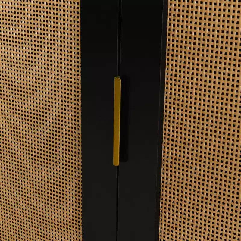 Buffet 2 portes incurvé avec bordure dorée et portes en rotin tressé, noir