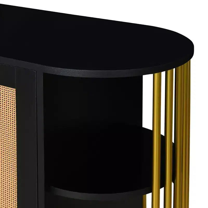 Buffet 2 portes incurvé avec bordure dorée et portes en rotin tressé, noir