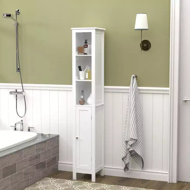 Armoire de salle de bain haute sur pied, étagères réglables et portes réversibles