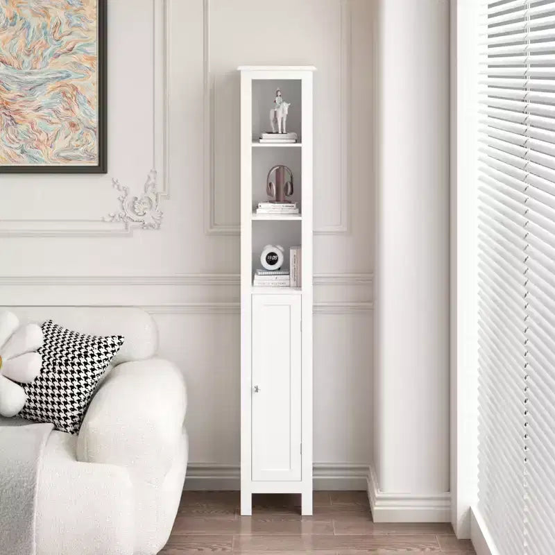 Armoire de salle de bain haute sur pied, étagères réglables et portes réversibles